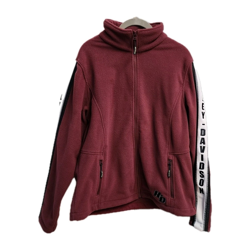Harley Davidson Sleeve Spellout Womens Zipped Fleece Jacket Burgundy Size XL